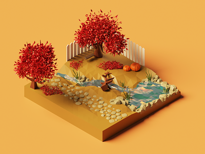 Autumn cometh 🍂 3d 3d illustration autumn blender concept diorama fall forest halloween illustration isometric leaves low poly lowpoly nature october park pumpkin render season