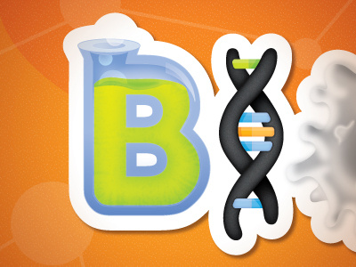 Bio Man Logo Progress beaker bioman bubbles dna green logo orange science white white blood cell