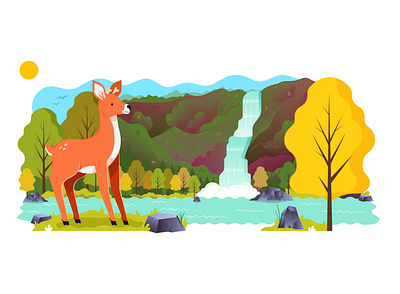 Deer in the wild deer flatdesign illustration vector waterfall