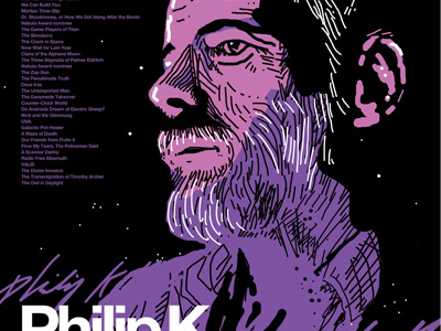 Philip K Dick illustration philip k dick pink portrait poster purple scifi stars