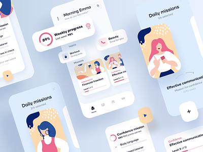 Women empowering mobile app design 2020 2020 trend analytics app design application cards gamification home office illustration levels minimal missions mobile mobile app progress statistics stayhome swipe trending uxdesign