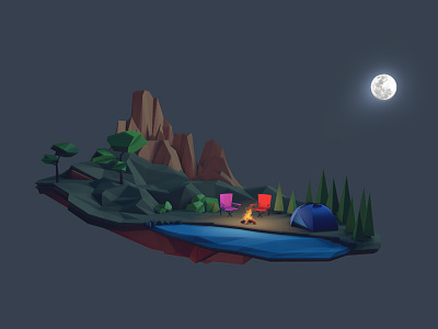 Low Poly Camp 3d camp fire island low poly lowpoly moon mountain tente trees