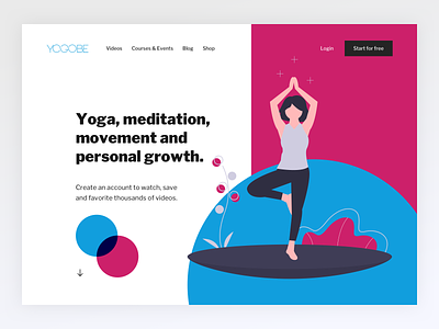 Yogobe - Yoga Start Page blue bold bold colors clean home illustration meditation pink start page ui uidesign uiux uxdesign yoga