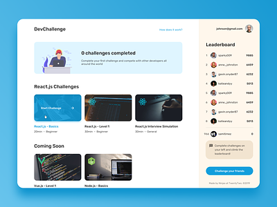 Dev challenges platform concept challenge clean dashboard dev gamification react simple ui uidesign uiux ux uxdesign