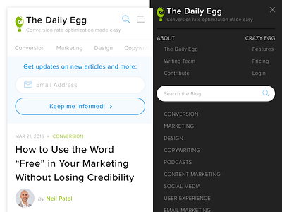 Crazy Egg Blog - Mobile Nav blog cta fields inputs menu mobile navigation opt in ui ux