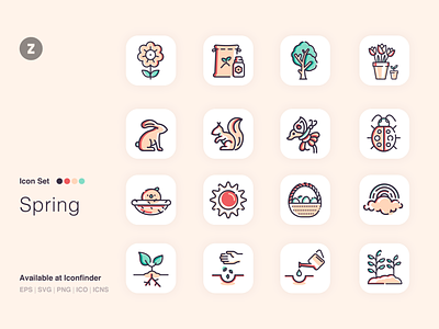 Spring Icon Set bird bunny butterfly egg flower icon icon design icon pack icon set icons plant rabbit seed spring tree vector