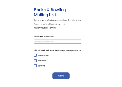 Books & Bowling Mailing List Signup design sign up form ui ux web