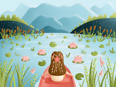 BOAT TRIP art blue creative flowers girl graphic lake mountains nature peace water
