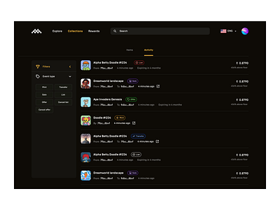 NFT Platform: Activity Page app design app ui art art design blockchain crypto crypto web defi nft nweb design opensea rarible web design