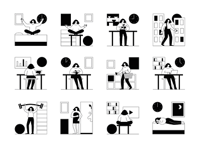 Daily Routine Illustration Set daily routine day geometric human icon icon set icons icons pack icons set iconset illustration illustration series illustration set illustrator line minimal minimal illustration pictograms routine time