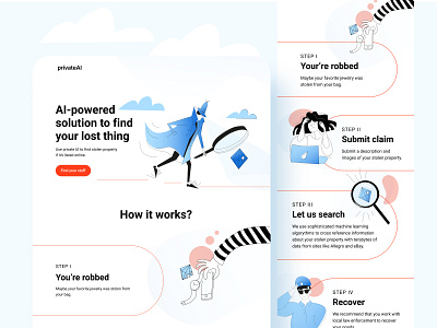 Website UI and illustrations artificial intelligence detective figma figmadesign finding illustration linework lost problem theft thief website