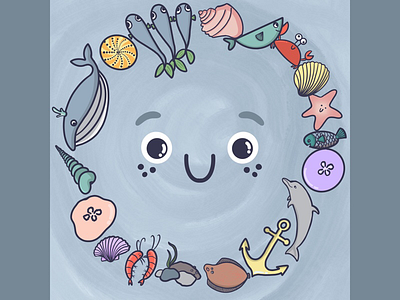 Childrens book, U the little wave anchor book childrens book dolphin jellyfish kidlitart ocean procreate sea seashell wave whale wreath