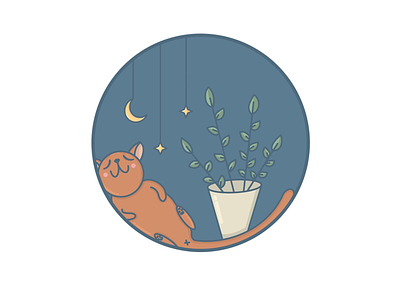 Goodnight cat digital. art moon plants print procreate sleep stars
