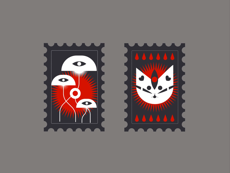 stamps #1-2 animation cat eyes mushroom stamp vector