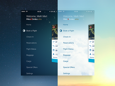 Turkish Airlines Day&Night Side Menu airline app earth flight icon ios iphone menu navigation night space transition
