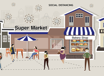 peoples in town character covid 19 design illustration peoples social distancing supermarket town vector