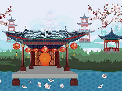 Pavilion ads castle chinese new year landmark landscape lantern plum blossom poster