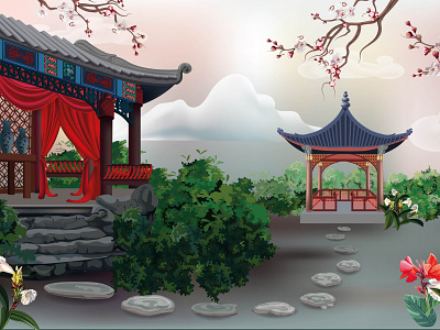 Chinese pavilion garden pavilion plum blossom flower poster relax sky