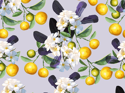 Plumeria flower and orange fruit in seamless pattern - vector fabric orange pattern plumeria purple seamless textile