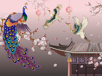 Peacock And Crane bird blossom card chinese house cranes goodluck happy lantern new year peacock plum poster