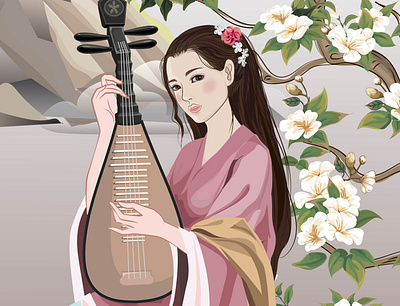 Beautiful Chinese girl playing the harp ancient beautiful card china chinese eyes face flower girl greeting hairstyle hands harp invitation music nature pink song vector wallpapers