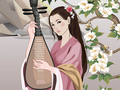 Beautiful Chinese girl playing the harp