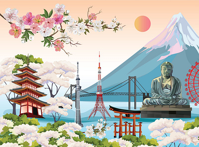 Japan landscape card design flower greeting invitation japan landmark landscape nature travel vector wallpapers website