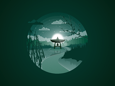 Japan landscape badge #2 : The Bonshō badge bamboo bell bonshō design illustration imagination japan landscape sun sunset vector