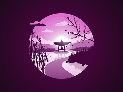Japan landscape badge #2 (Sunrise) badge bamboo bell bonshō design illustration imagination japan landscape sun sunrise vector