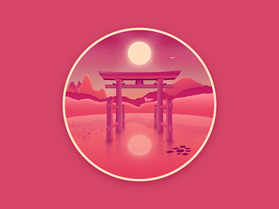 Japan landscape badge #3 : The Torii badge design illustration imagination japan landscape sun torii vector