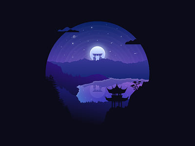 Japan landscape badge #5 badge design illustration imagination japan lake landscape moon stars temple torii vector