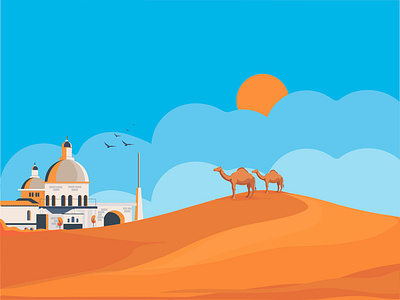 Camels on a Desert Humph animation animation 2d beauty camel camels clouds creative art creative illustration crow desert design hump mosque sky sun