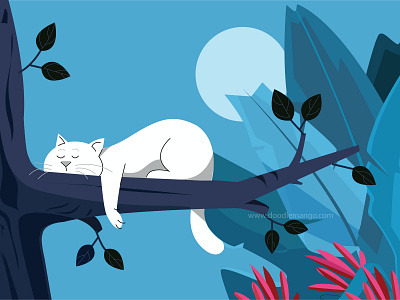 Sleepy Cat on a Tree - Creative Illustration