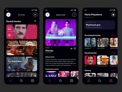 Cinemate, concept for online cinema, dark theme, UI/UX design application interface movies profile ui ui design uidesign uiux