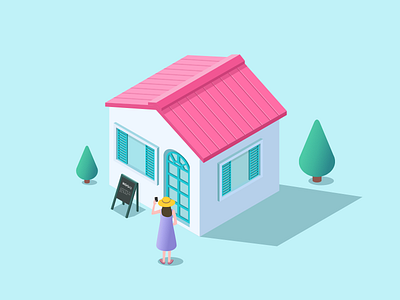 House isometric，girl