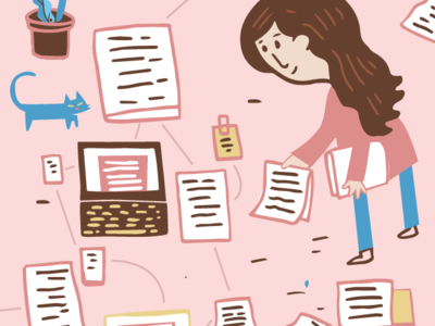 Editorial Illustration for submittable cat cat illustration computer office pink plant stickynot woman writer