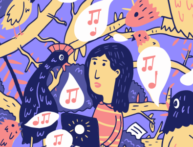 Editorial Illustration for Sumbittable annoy bird illustration music purple red stripes submittable woman