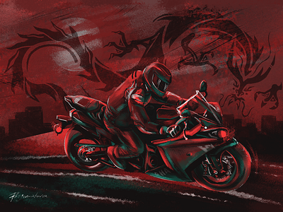 Motorcyclist Illustration adobe photoshop blue design dragon illustration motorcyclist red