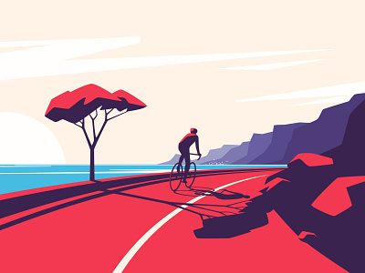 Along the ocean mountain road adventure bicycle bike california coast cyclist illustration landscape lifestyle mountain nobody ocean road sea sport sunset travel