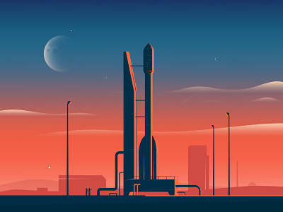 Rocket spaceship at sunset preparing for launch