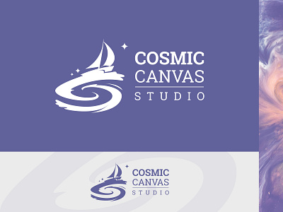 Cosmic Canvas Logo boat brand brand identity cosmic design entertainment galaxy logo logo design nebula outer space purple sailboat sarasota simple space star stars studio