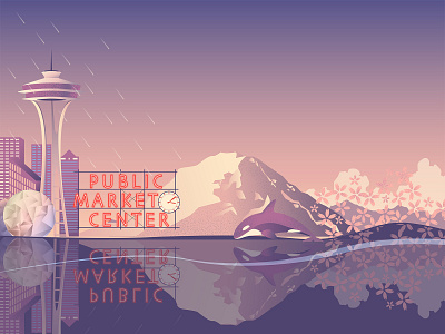 Seattle city design graphic illustration illustrator ocean orca sunset