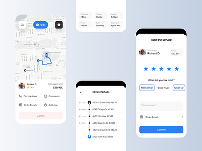 Ride Started, Review and rating - Taxi Mobile App address app booking concept delivery design driver location mobile app navigation ration review ride ride started rideshare taxi trip ui ux