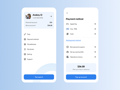 Side Menu Navigation, Payment method - Taxi Mobile App app balance bonuses cash concept coupons design driver menu mobile navigation payment ride search taxi trip ui ux work