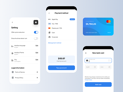 Setting, Payment method - Taxi Mobile App add card app concept credit card design design card driver finance interface mobile payment ride setting taxi theme trip ui ux