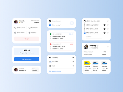 UI Components - Taxi Mobile App app button car cards checkbox components concept design design system driver dropdown kit minimal mobile navigation ride tabs taxi ui ux