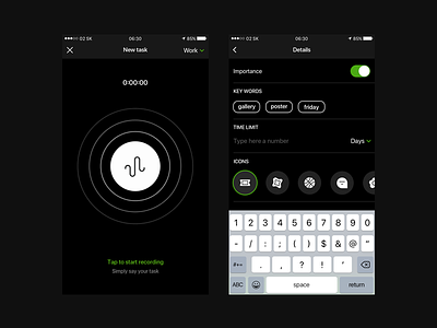New Task app dark icons ios key words mobile new task recording sound timer ui ux