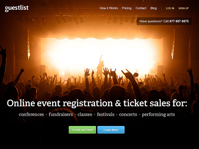 Website for Guestlist events guestlist homepage music registration saas tickets