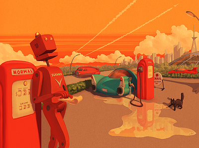 Robot-Poet car city digitalart future illustration landscape orange retro robot sci fi