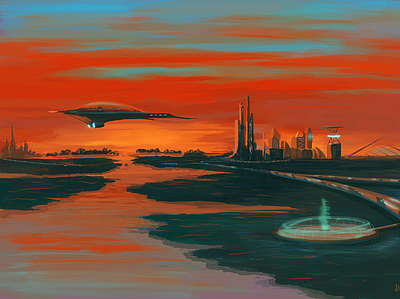 Flat sunset aircraft city digitalart future horizon illustration procreate red sci fi sky skyline sunset